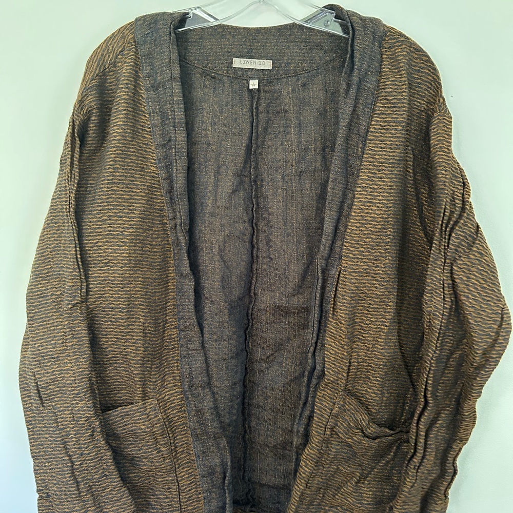 Linen Blend Striped Jacket - Brown and Gray